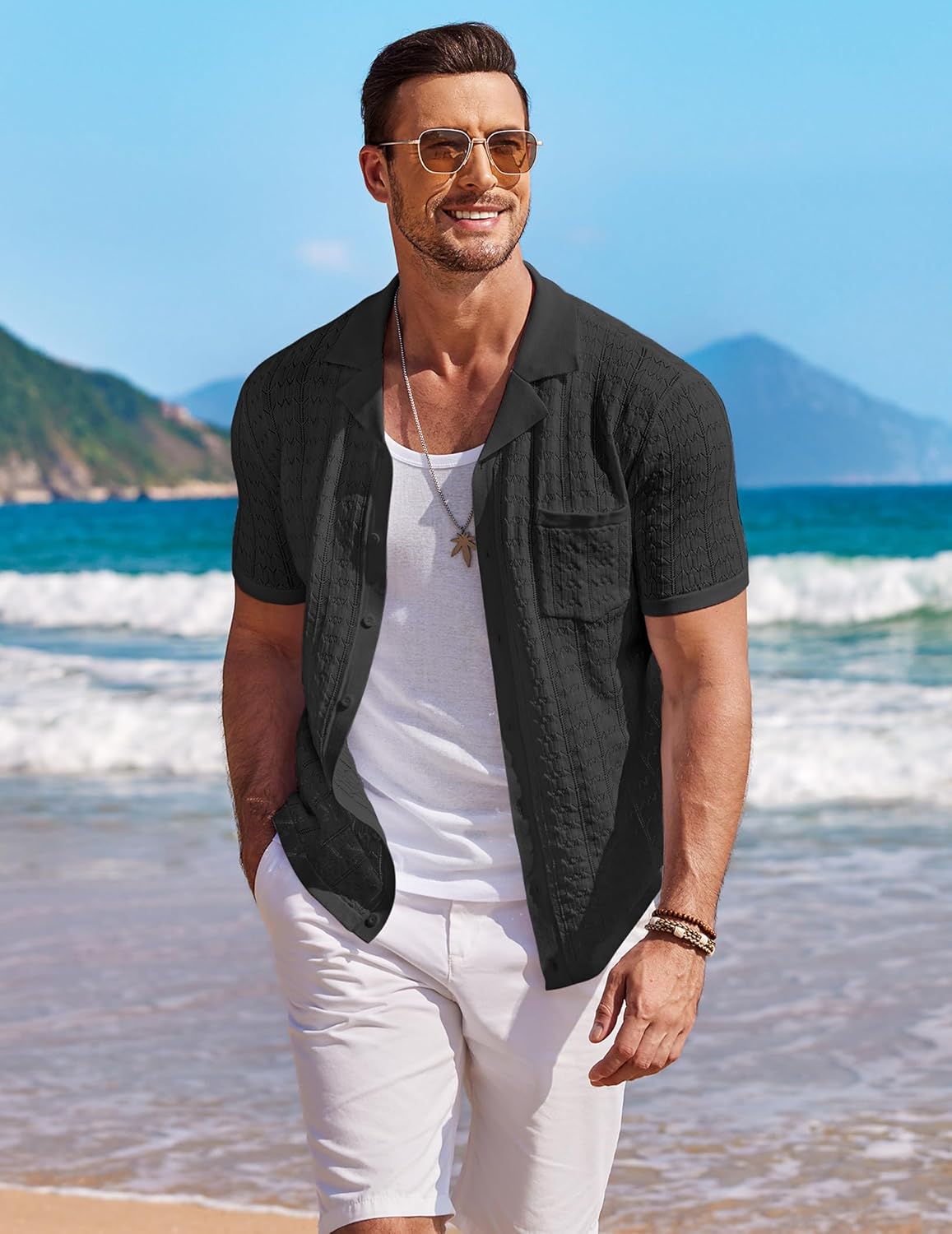 COOFANDY Men's Knit Shirts Short Sleeve Button Down Casual Polo Shirt Summer Beach Vacation Shirts