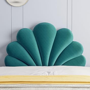 Upholstered Wall Headboard Seashell Pillows Cushion Queen Size Lake Blue, Scalloped Decor Back Cushion for Daybed Sitting in Bed Room