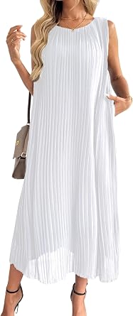 heipeiwa Womens Chiffon Pleated Dresses Sleeveless Casual A-Line Flowy Party Wedding Cocktail Vacation Maxi Dress