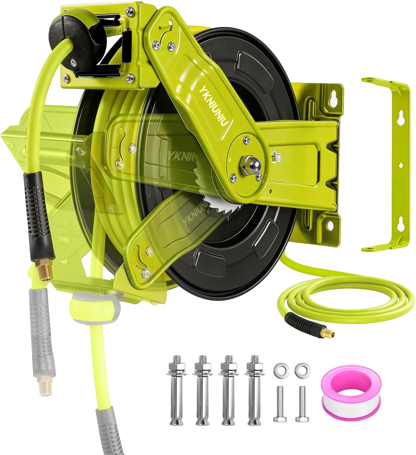 Retractable Air Hose Reel, 50 FT High-Visibility Neon Green Hybrid Hose, 300 PSI Heavy Duty Steel Single Arm Reel, Automatic Rewind, 1/4" NPT Brass Fittings, Wall/Ceiling Mount (NN-D15)