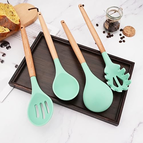 Miniatura 4 de BRIIEC Juego de 12 utensilios de cocina verdes mango de madera utensilios de cocina de silicona juego de espátulas con soporte antiadherente