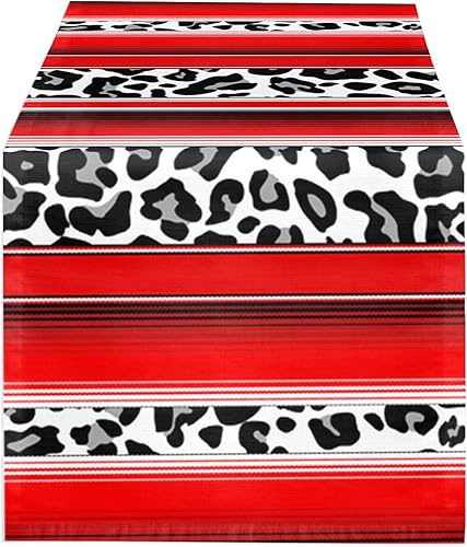 Custom Bed USA Cow Pattern Table Runner, Animal Skin Texture with Red Mexican Stripes Table Runners 13x36 Inch Kitchen Dining Table Decoration for