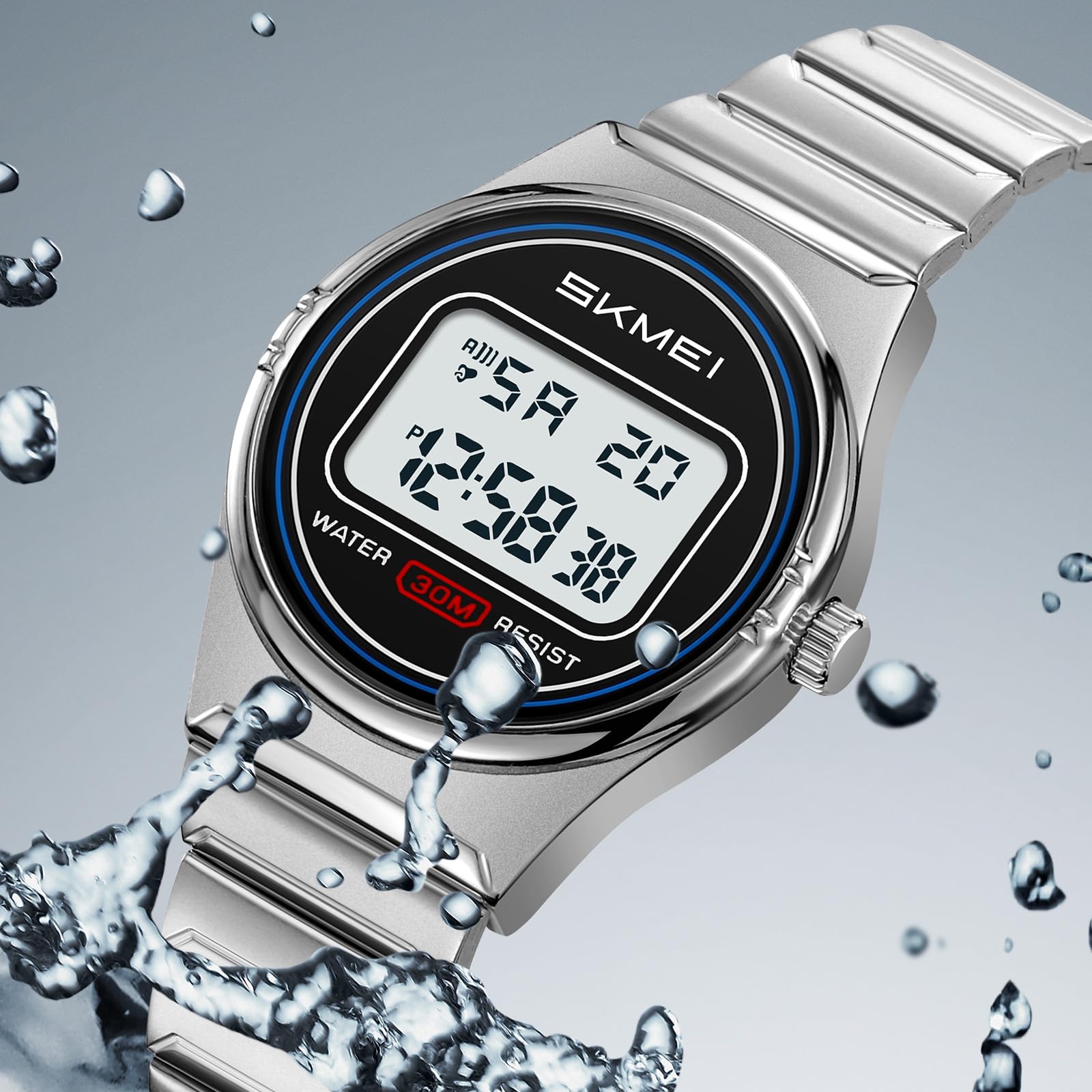 Gosasa Reloj digital retro ultrafino para hombre y mujer, resistente al agua, acero inoxidable 30 m, reloj de cuarzo informal con retroiluminación LED, alarma, cronómetro