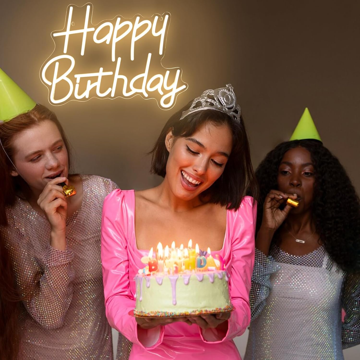 Happy Birthday Neon Signs for Party Decor Dimmable LED Birthday Neon Light for Wall Decor Light Up Happy Birthday Led Signs for Backdrop Birthday Any Ages Bday Celebration Decoration, Warm white