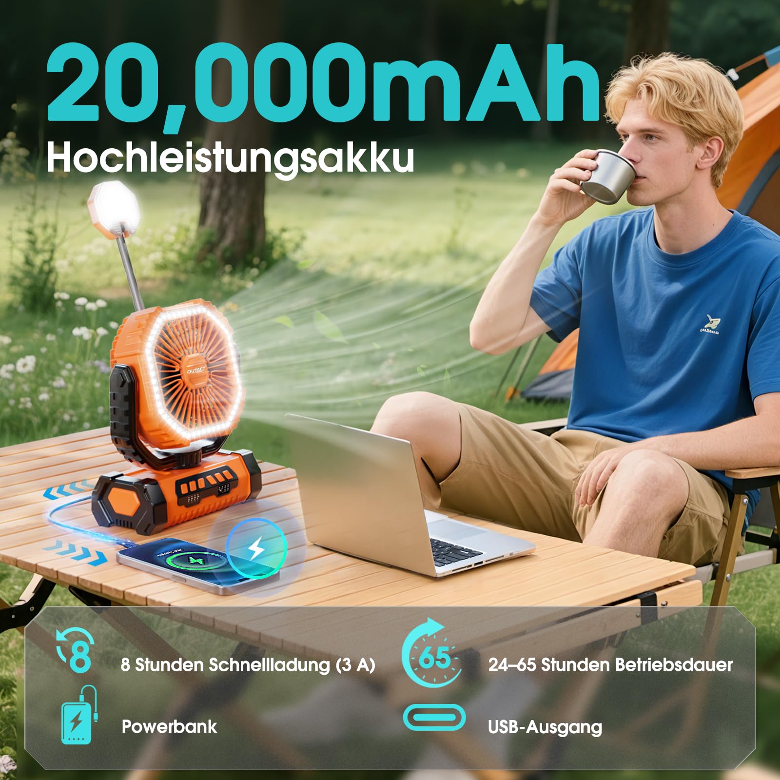 Camping Ventilator 20000mAh, Wiederaufladbarer Tischventilator USB Ventilator mit LED Licht & Haken, 270° Drehung mit Fernbedienung, Camping Fan für Indoor, Outdoor, Zelt, Grillen, Strand - Orange