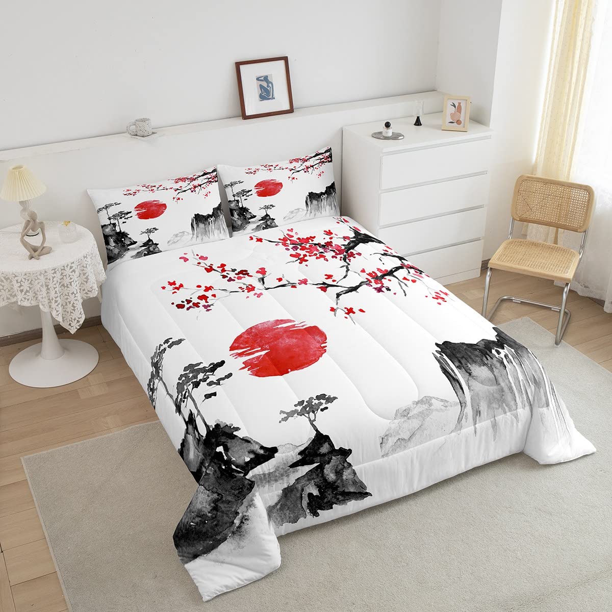 Loussiesd Japanische Ukiyoe Bettdecke 135x200cm Kirschblüten Rote Sonne Steppbett für Kinder Jungen Mädchen Tinte Japanischen Stil 4-Jahreszeiten Bettdecke Exotischer Stil Dekor mit 1 Kissenbezug