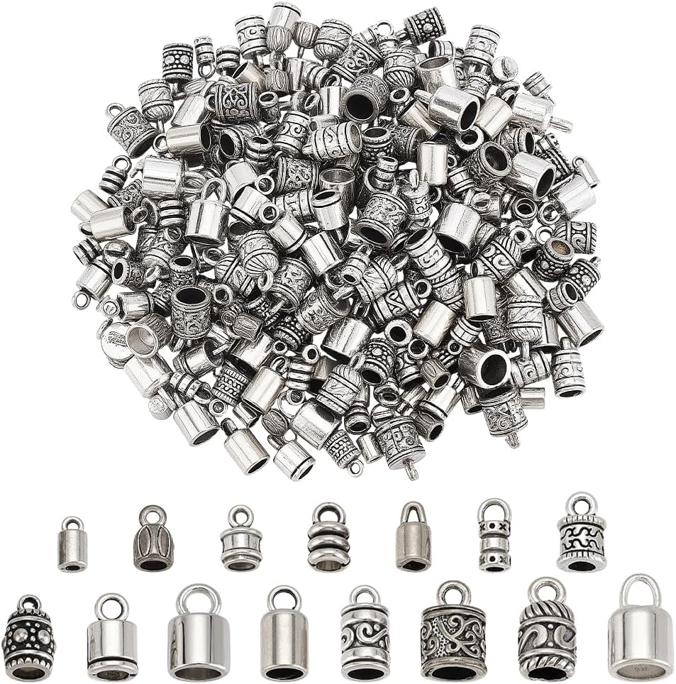 PH PandaHall 90PCS Cord End Caps 15 Styles Antique Silver Leather Tassel Cap Alloy Tube Barrel End Tip Cord Link Buckle Glue-in End Cap for DIY Kumihimo Bracelets Necklaces Jewelry Making