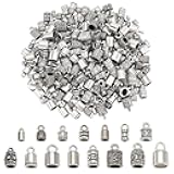 90PCS Cord End Caps 15 Styles Antique Silver Leather Tassel Cap Alloy Tube Barrel End Tip Cord Link Buckle Glue-in End Cap for DIY Kumihimo Bracelets Necklaces Jewelry Making