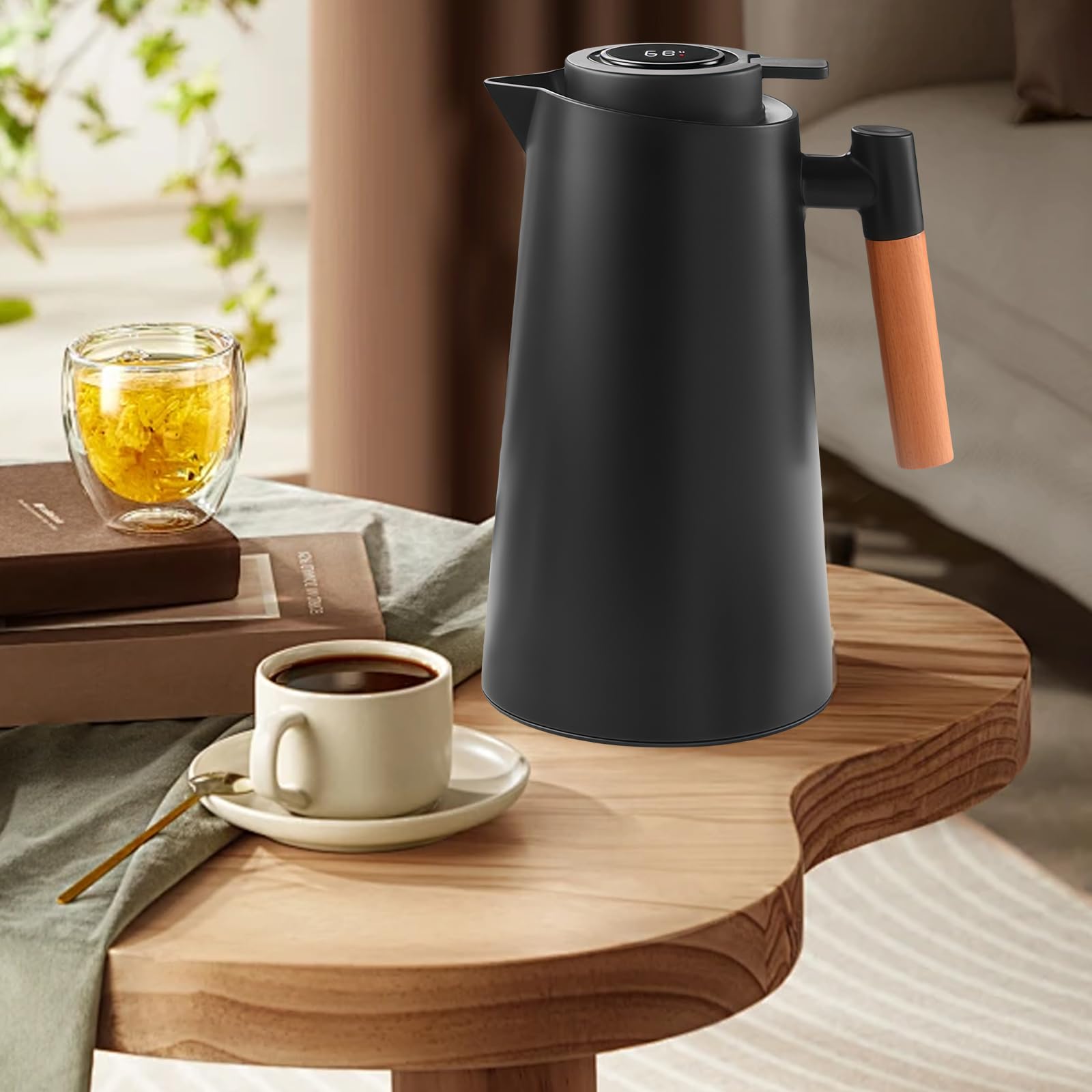 Dreamhigh® Thermoskan 1L met theezeefje, thermoskan met temperatuurmeter, goed afgesloten koffiekan (geen lek, geen druppel), voor koffie, thee en melk