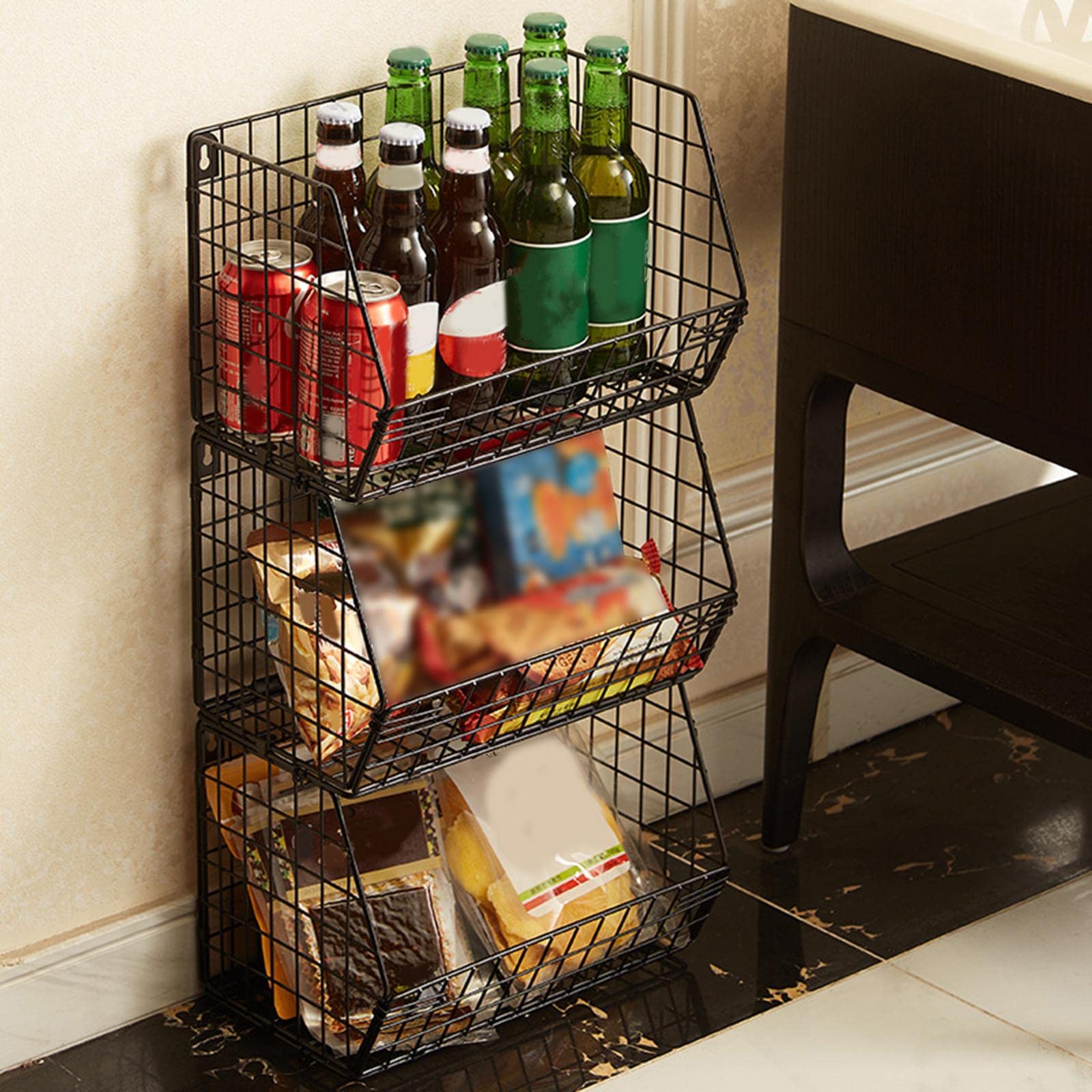 Juego de de Almacenamiento, Cestas Colgantes Apilables de Metal con Gancho, Hierro Inoxidable para Aperitivos Y Especias, Aptas para La Cocin, 3 Niveles, Individual
