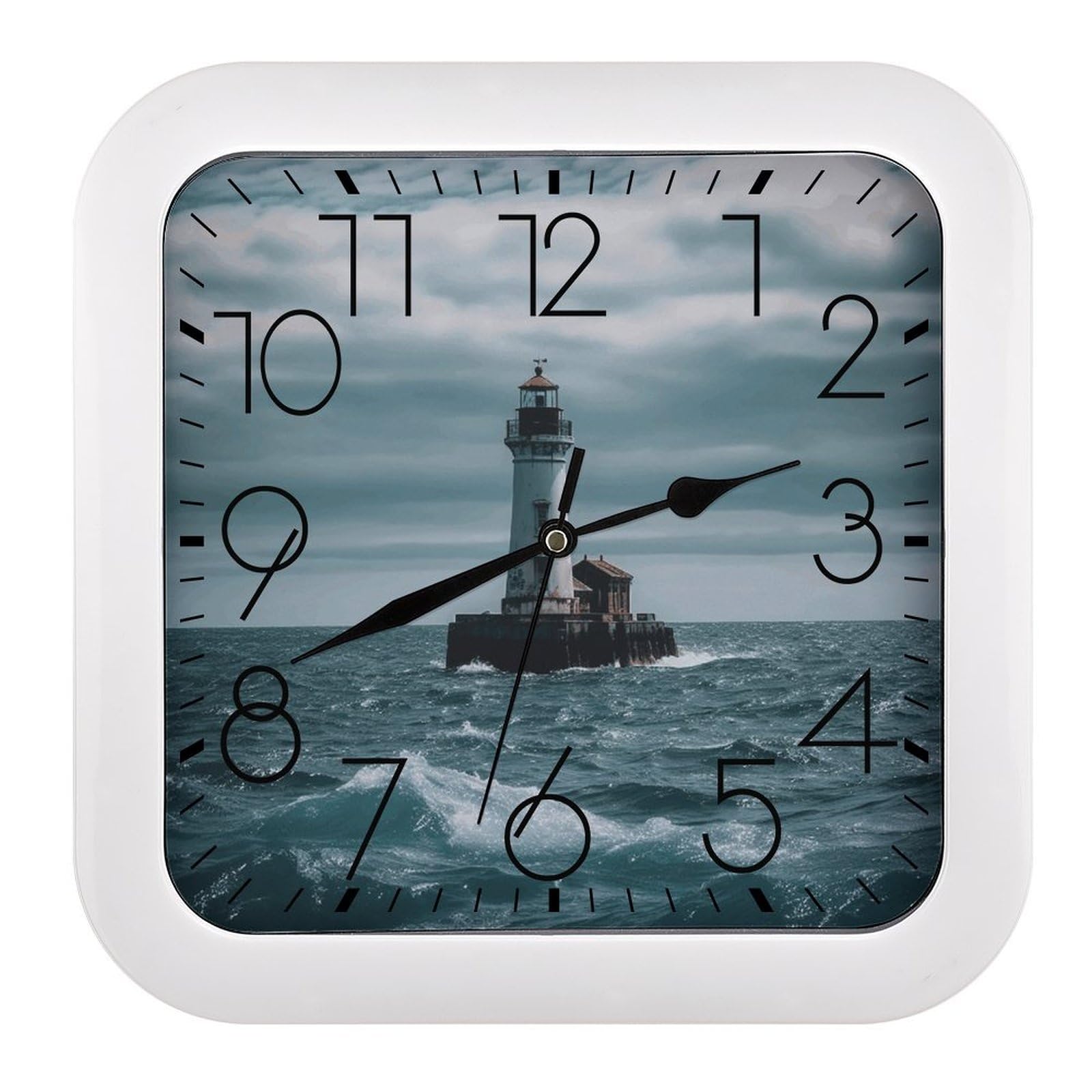 LZQPOEAS Lighthouse Ocean Square Wall Clock, 10.2 Inch Battery Operated Silent Non-Ticking Wall Clock, Square Analog Decorative Clock for Home Wall Art, Living Room, Bedroom, and Office