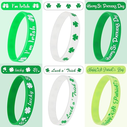 Miniatura 3 de JUNEBRUSHS 42 pulseras de silicona para el día de San Patricio, pulseras de goma de trébol verde para niños y adultos, fiesta del día de San