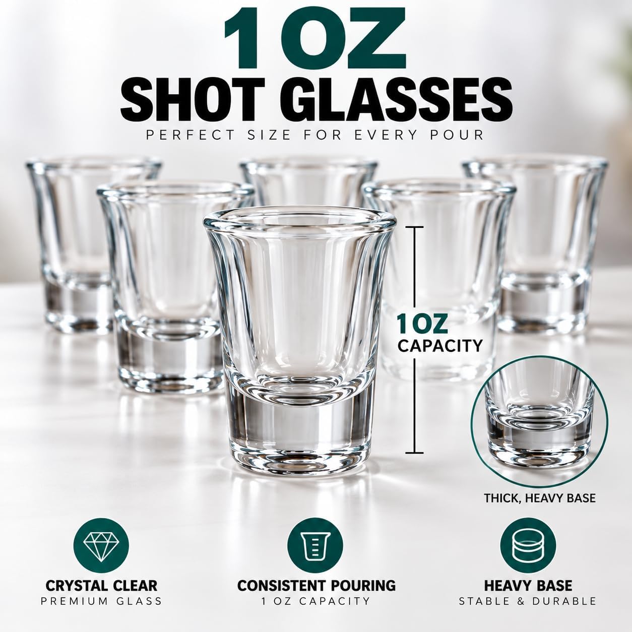 Shot Glass Set with Wooden Holder, 1 Oz Heavy Base Shot Glasses, Set of 6