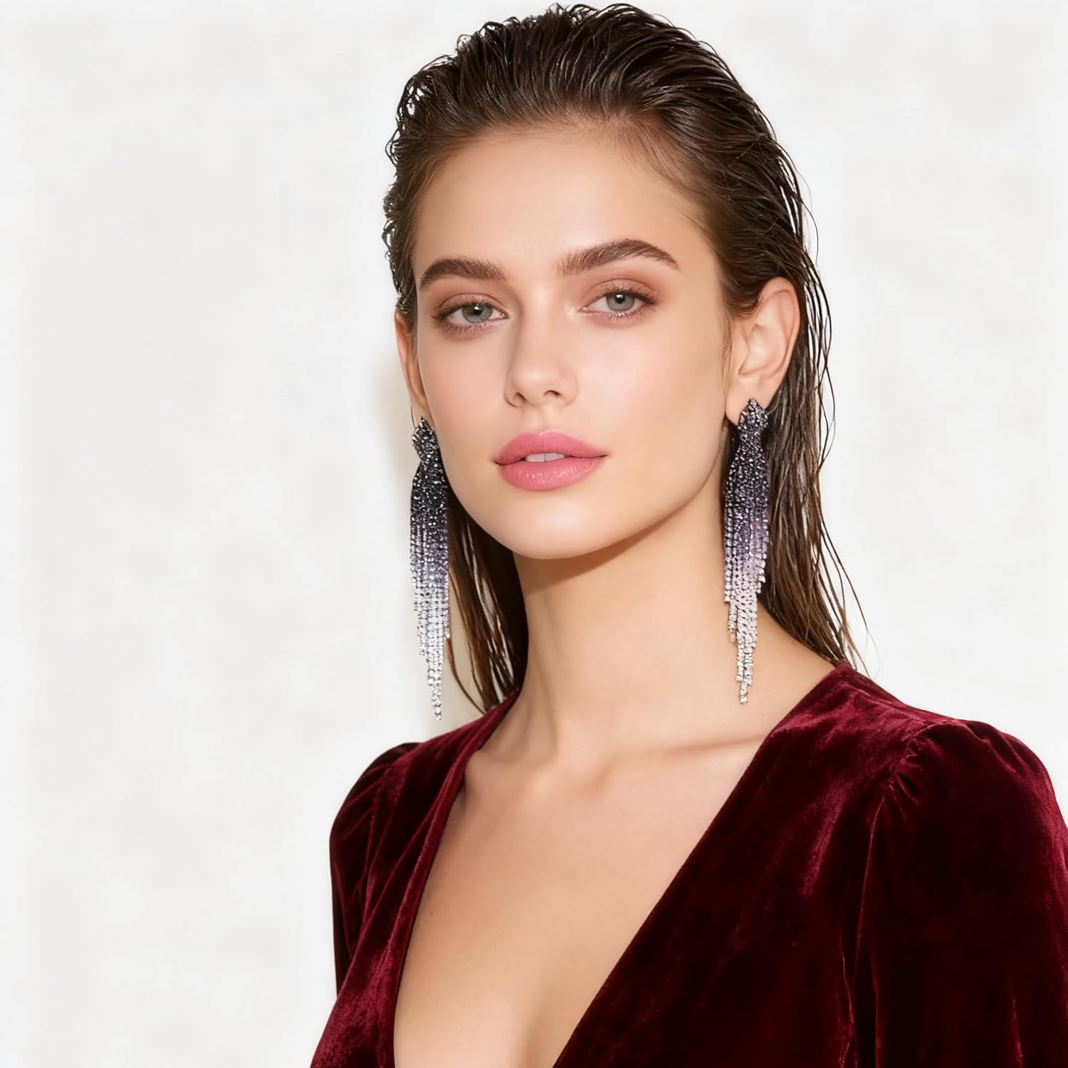 Rhinestone Earrings Dangling for Women Sparkly Silver Dangle Earrings Girls Long Chandelier Earrings Tassel Lightweight Ear Studs Cubic Zirconia (KE001S-W) - Image 2