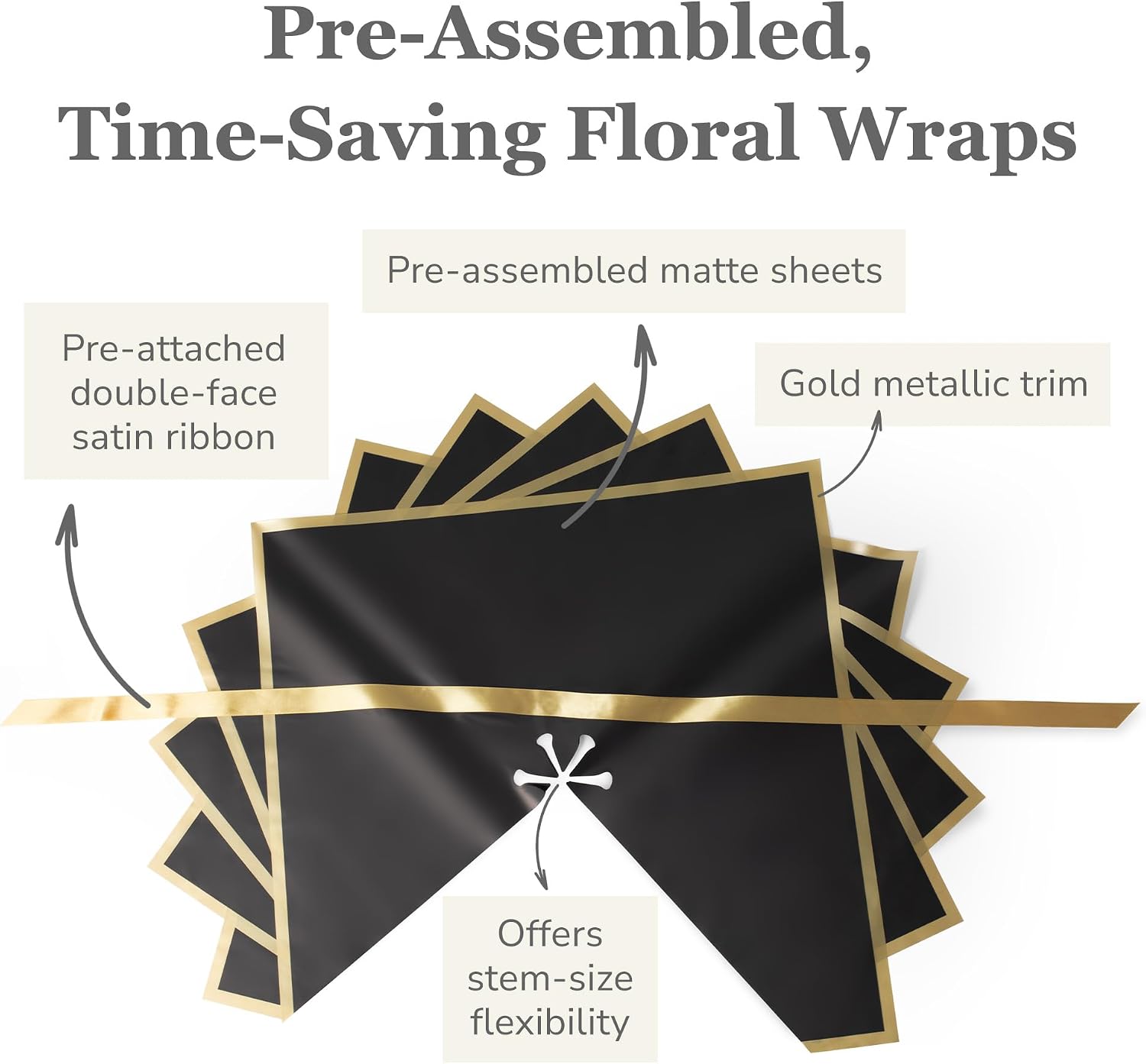 the florist Supply Amour Wrap 12 Pack, Luxury Pre-Assembled Flower Wrapping Paper - Waterproof Floral Bouquet Wrapping Paper with Gold Trim & Satin Ribbon, Black