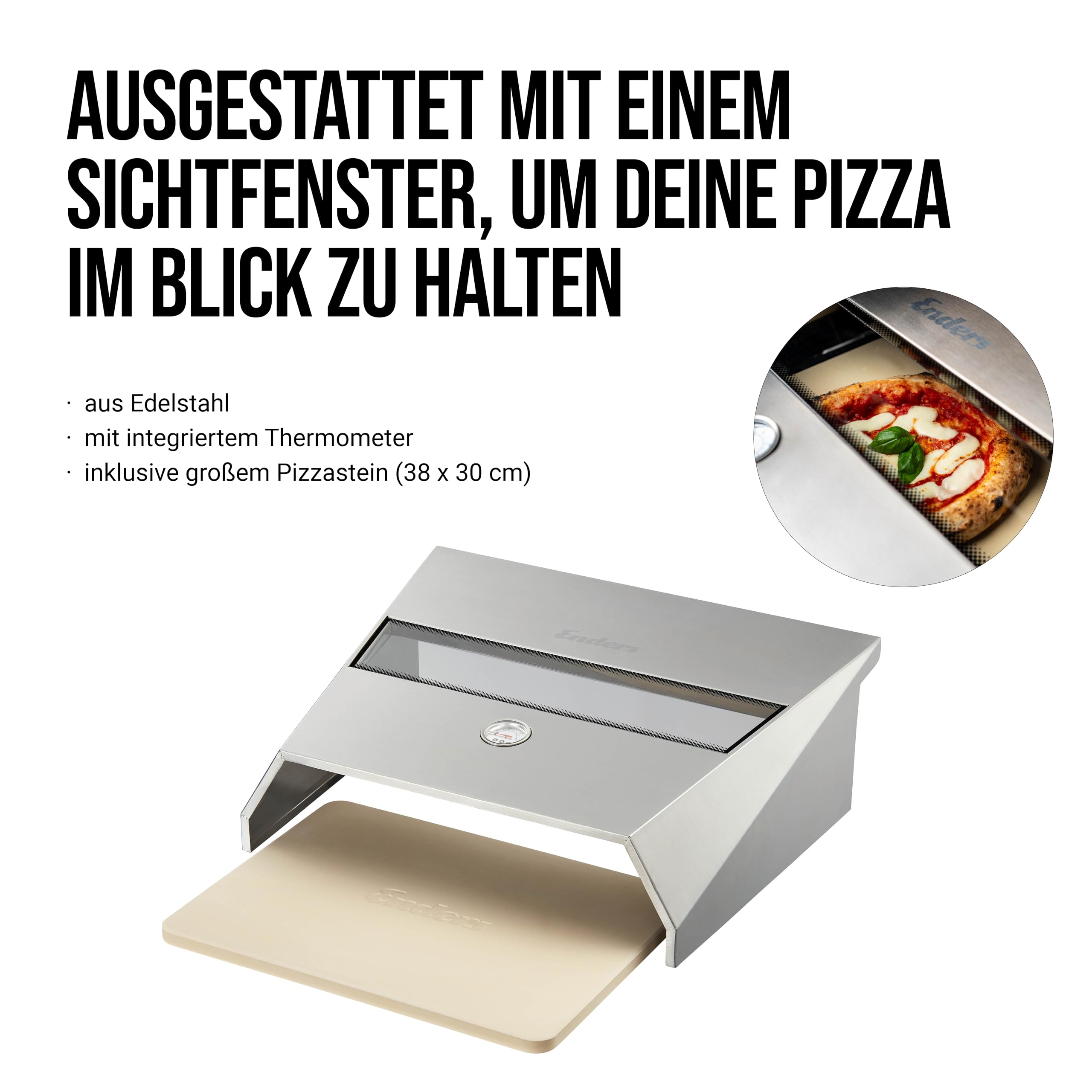 Enders® Pizzacover Turbo für Gasgrill mit Backburner, inkl. Thermometer, Pizza Grillaufsatz, inkl. Pizzastein 38cm x 30cm, Aufsatz mit Sichtfenster für EIN besseres Backergebnis #7881