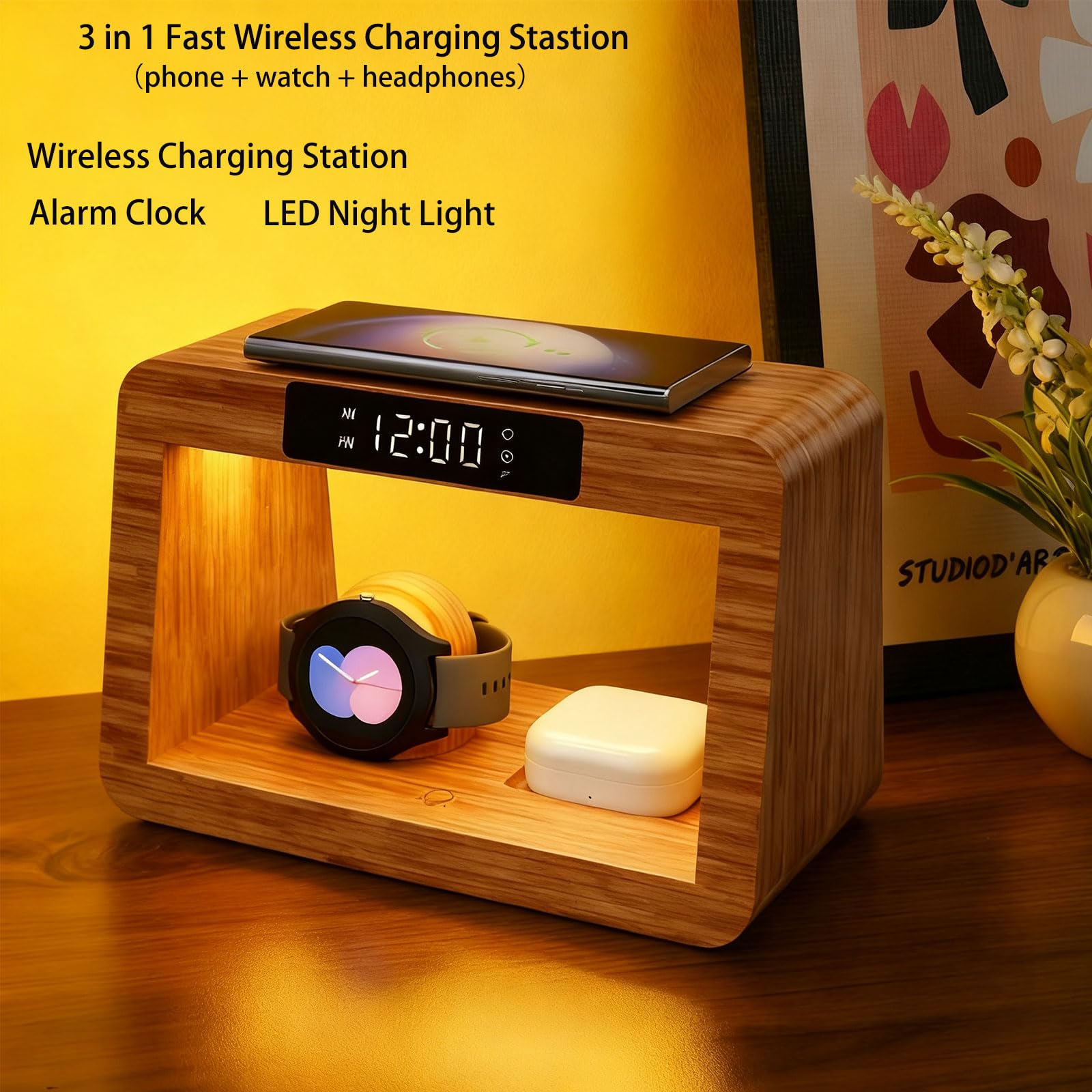 Estación de carga inalámbrica de bambú, estación de carga 5 en 1 con luz y reloj despertador para teléfonos Samsung y Android, estación de carga inalámbrica solo para reloj Samsung