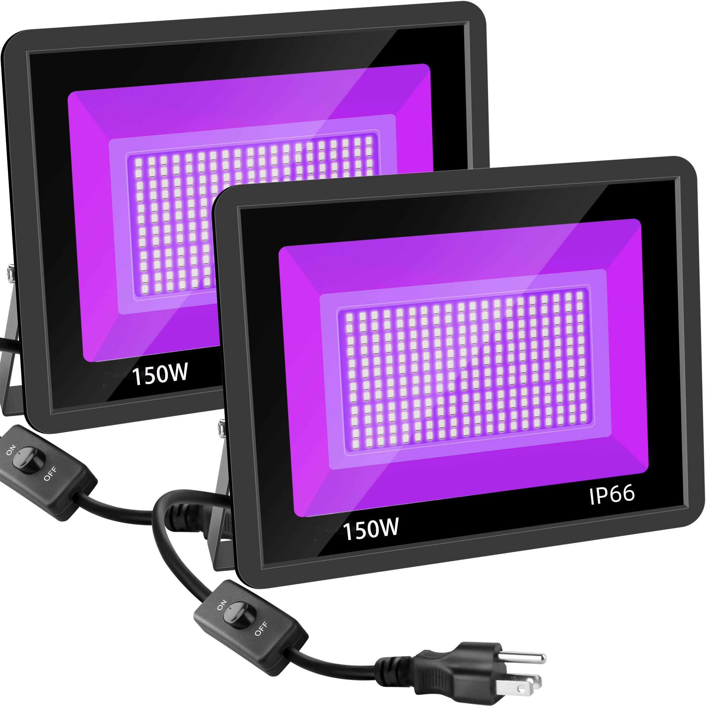 View 1 of 2 Pack 150W LED Black Lights, 365nm LED Black Flood Light Outdoor with Plug and Switch, IP66 Waterproof Blacklight for Glow Party, Stage Lighting, Fluorescent Poster, Body Paint