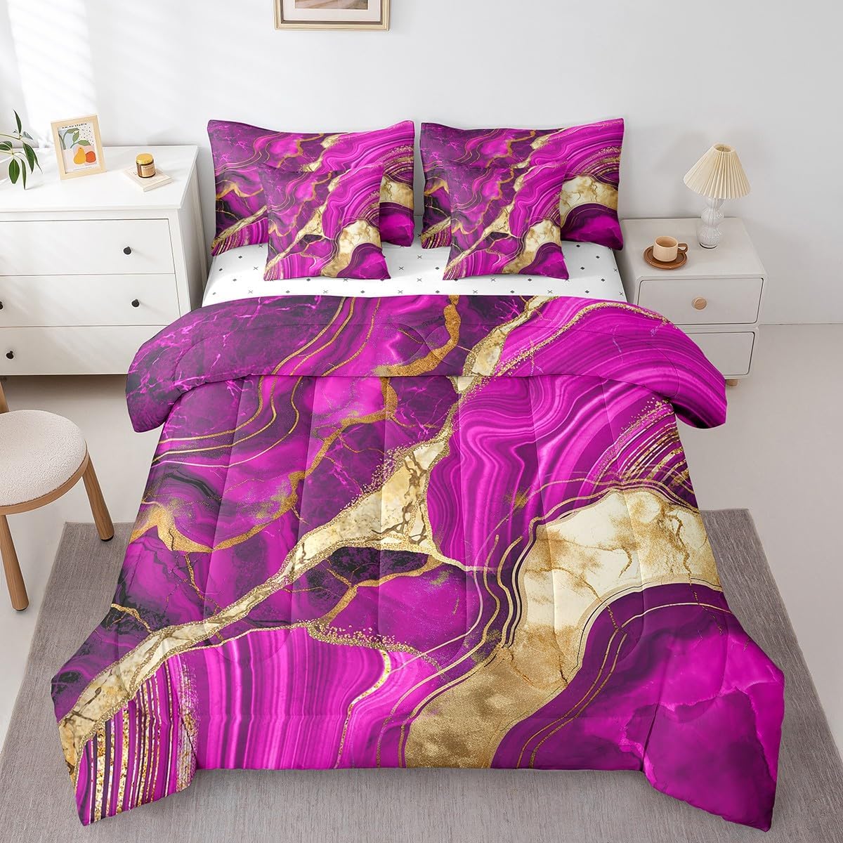 Erosebridal Black Grey Marble 7 Pcs Comforter Set Queen, Purple Marbling Crack Print Bedding for Women, Abstract Metallic Texture Sheet Set Bed in A Bag, Gray Boho Hippie Fluid Reversible Black Quilt