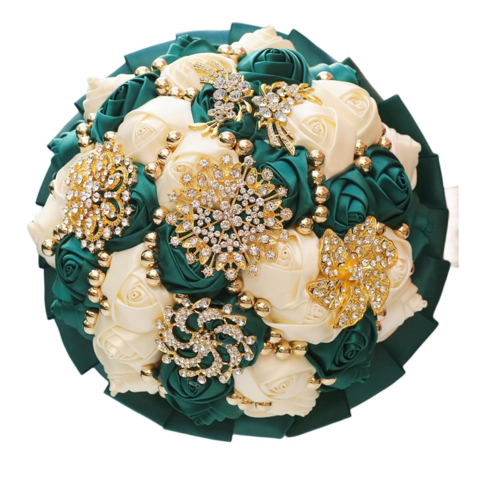 Gkvszy emerald green and ivory bridal bouquet with gold brooch