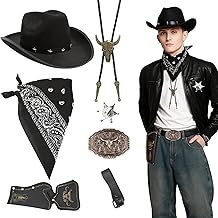 AYNKH 7Pcs Western Cowboy Accessories for Adults, Cowboy Hat, Paisley Bandanna, Holster Belt, Bolo Tie, Sheriff Badge, Halloween, Theme Parties, Wild West Costumes