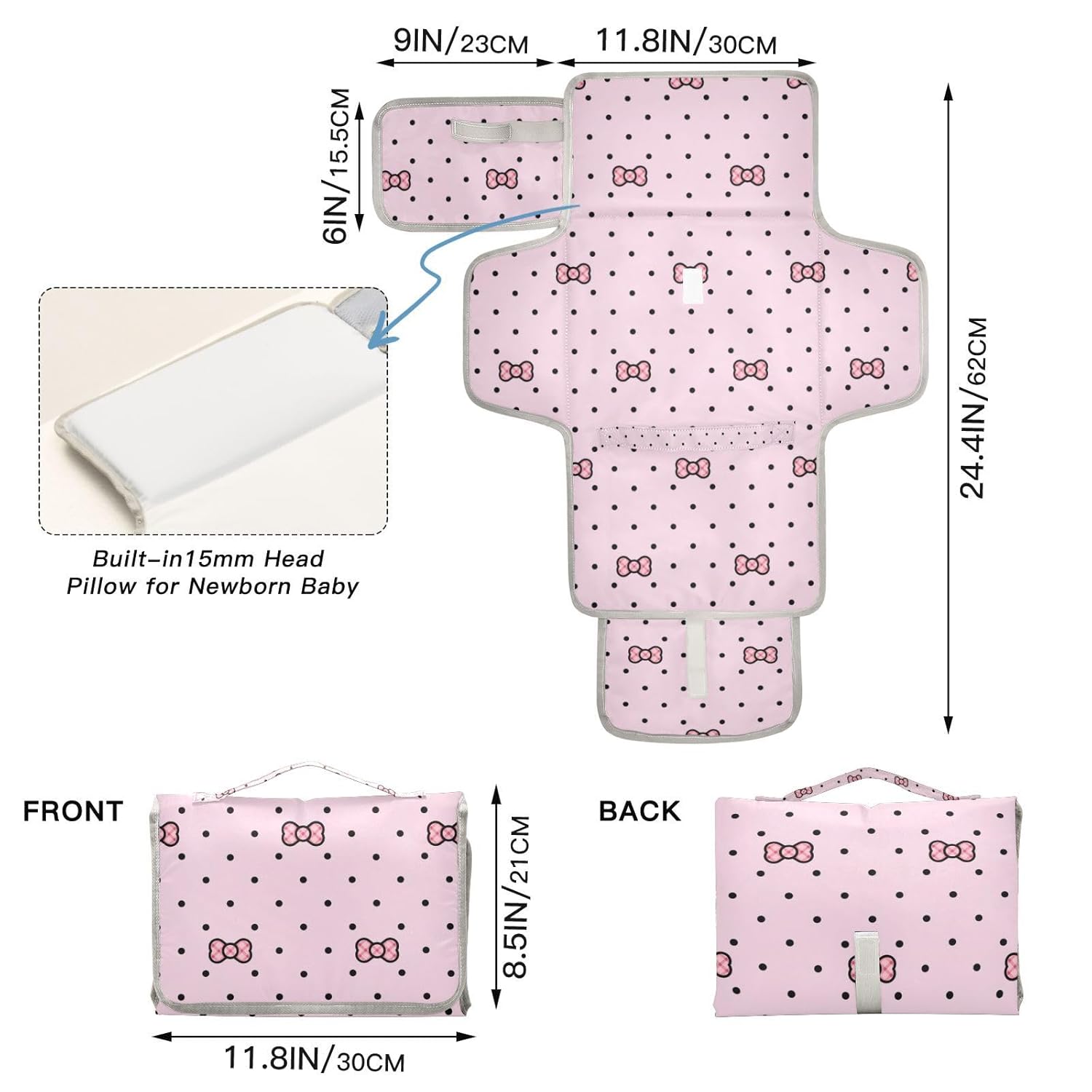 Cartoon Cute Pink Bow Reusable Diaper Changing pad with Tissue Pocket Portable Baby Changing pad for Moms, Dads cambiadores de pa?ales para Bebes