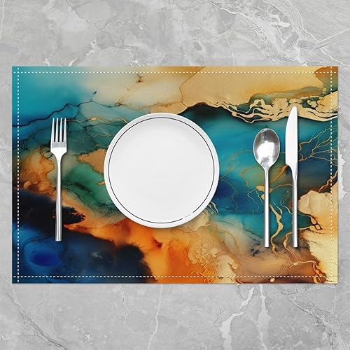 Miniatura 2 de Manteles individuales decorativos de tela lavable con diseño de mármol azul dorado y azul, manteles individuales modernos con diseño estético de