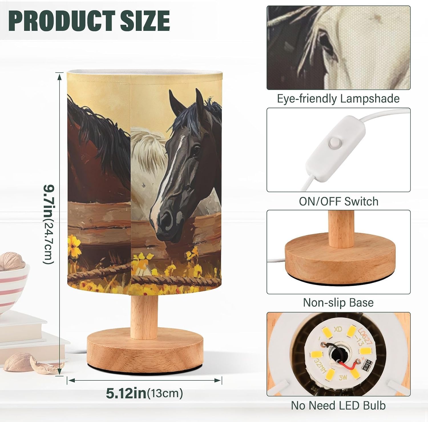 Bedside Lamp Wild Horse Table Lamp with USB Port Wood Base for Living Room,Bedroom,Nightstand 214b6340