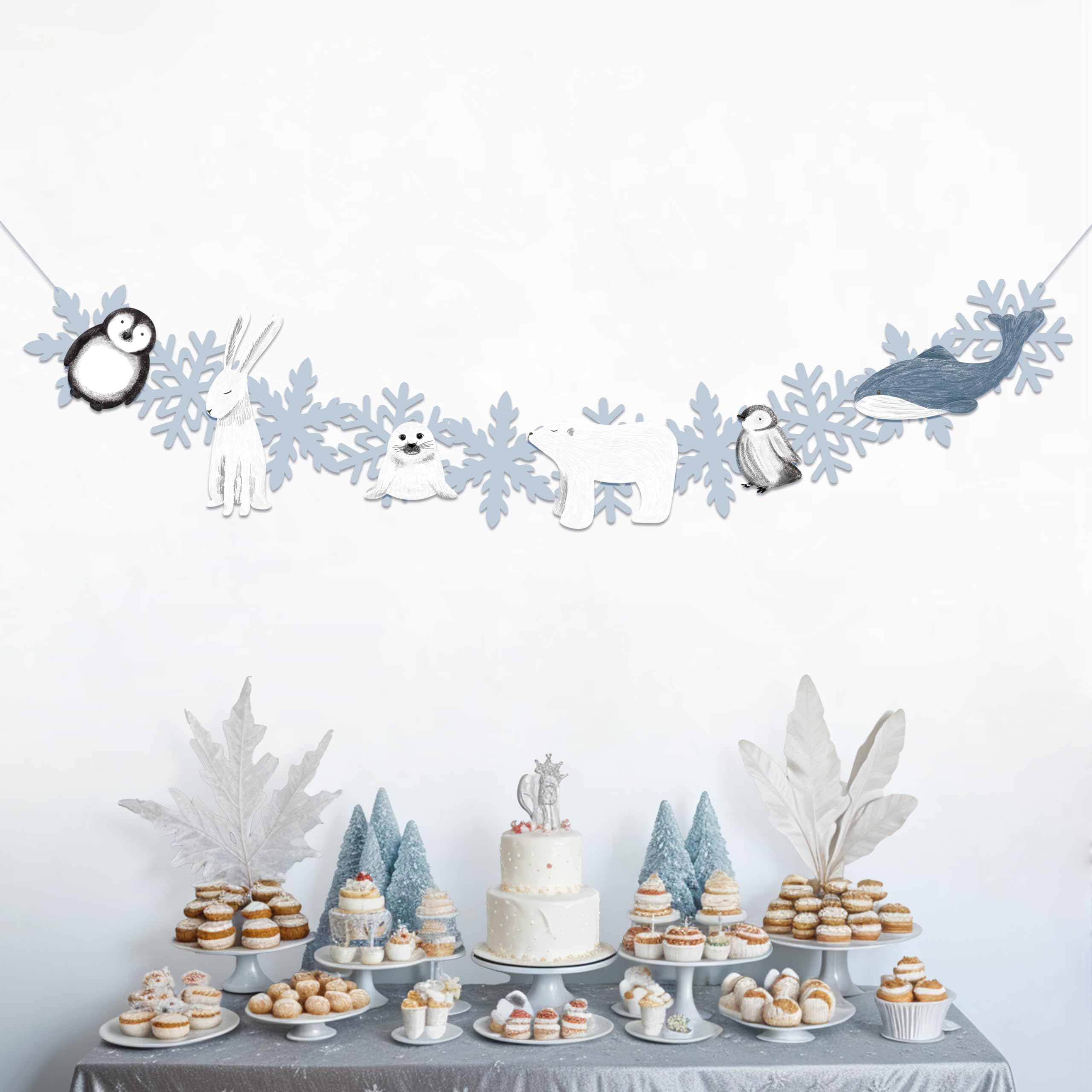 Cheerland Arctic Friends Banner Winter Animal Party Decorations Snowflake Garland For Christmas Holiday Decor Winterland Onederland Birthday Classroom Wonderland Party Decoration Supplies - Pack of 7