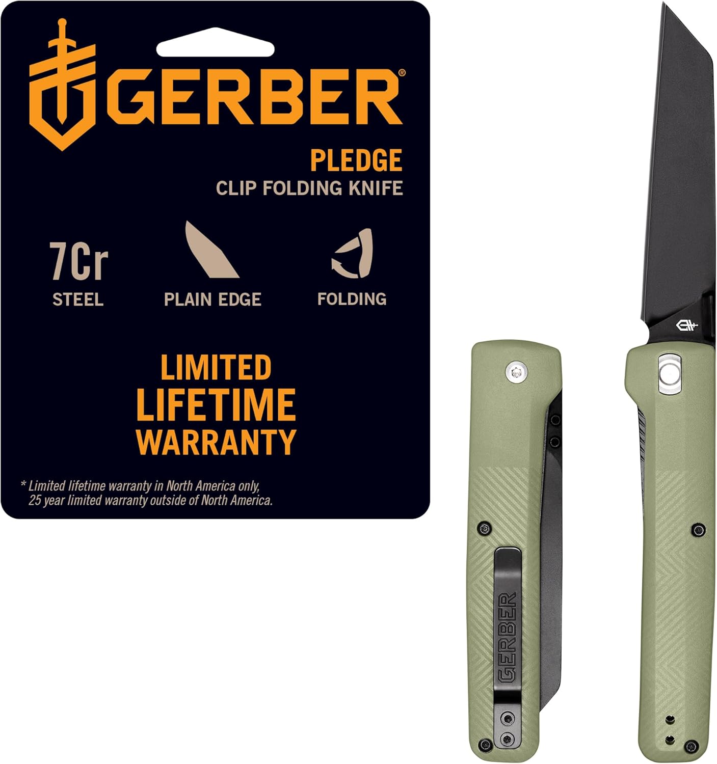Gerber Gear Pledge Pocket Knife with Pocket Clip - 3.7" Full Panel Plain Edge Blade Folding Knife - EDC Gear and Equipment - Lichen Green