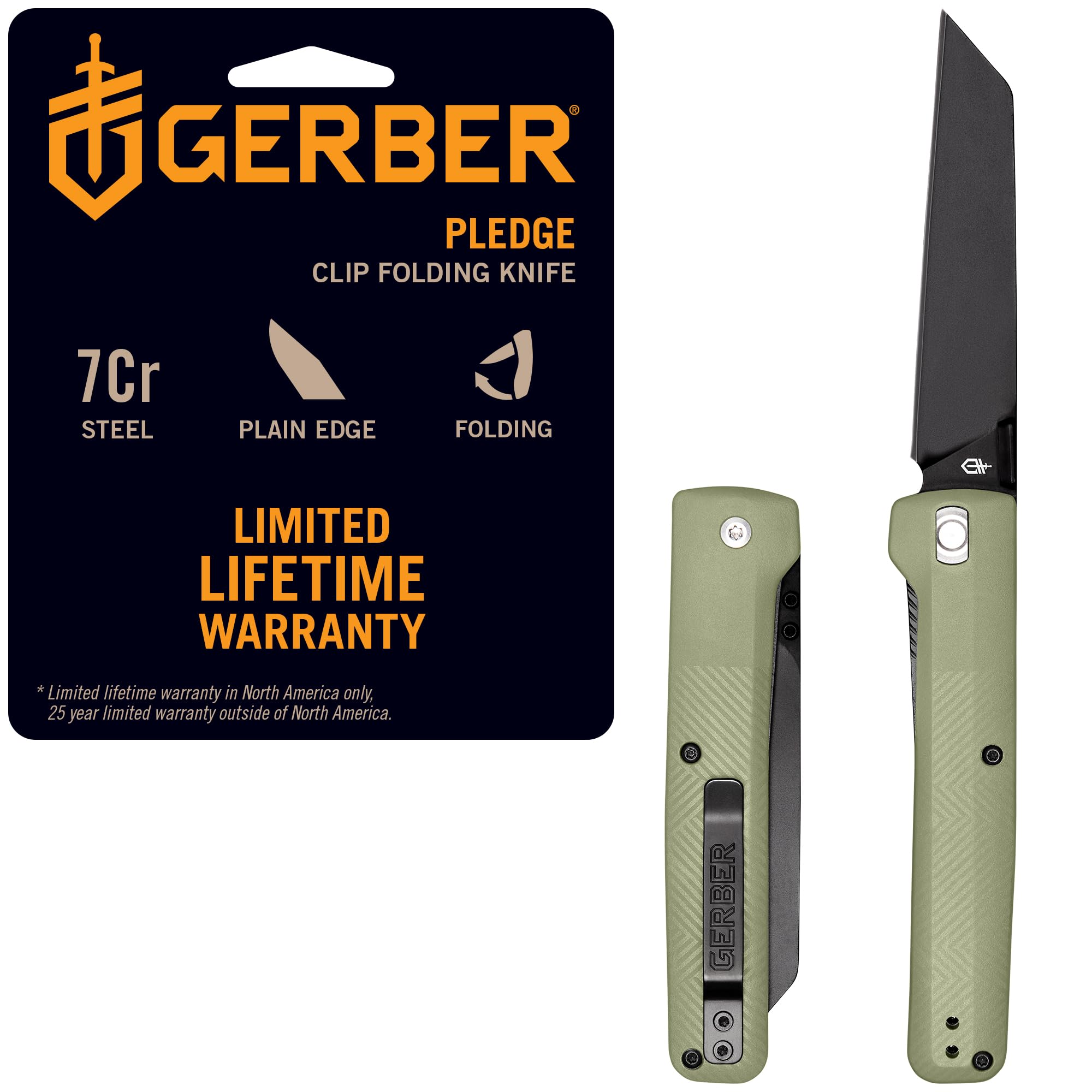 Gerber Navaja con Gancho para Cinturón, Hoja Negra de Acero Inoxidable 7Cr17MoV Tipo Tanto Invertido, Mango de Nylon Reforzado con Fibra de Vidrio, Longitud de la Hoja: 9,2 cm, Pledge, 1067525