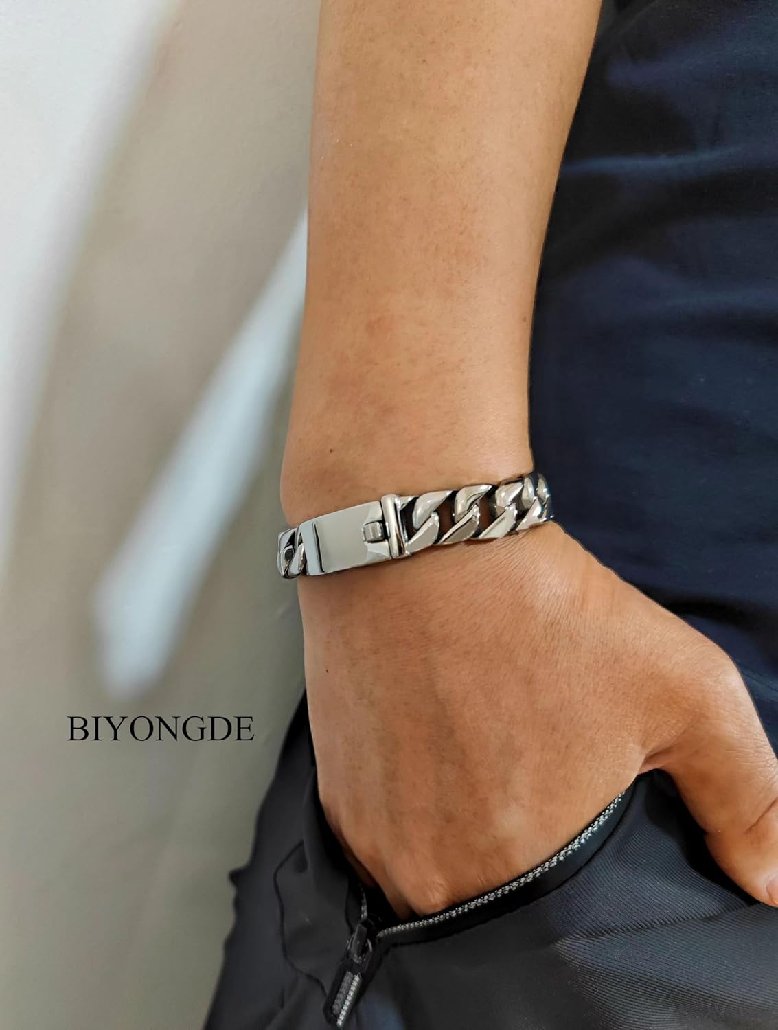 12MM Width Miami Cuban Link Chain Curb Chain Bangle Bracelet, Steel, Hip Hop Heavy, Spring Push Rectangle Box Clasp