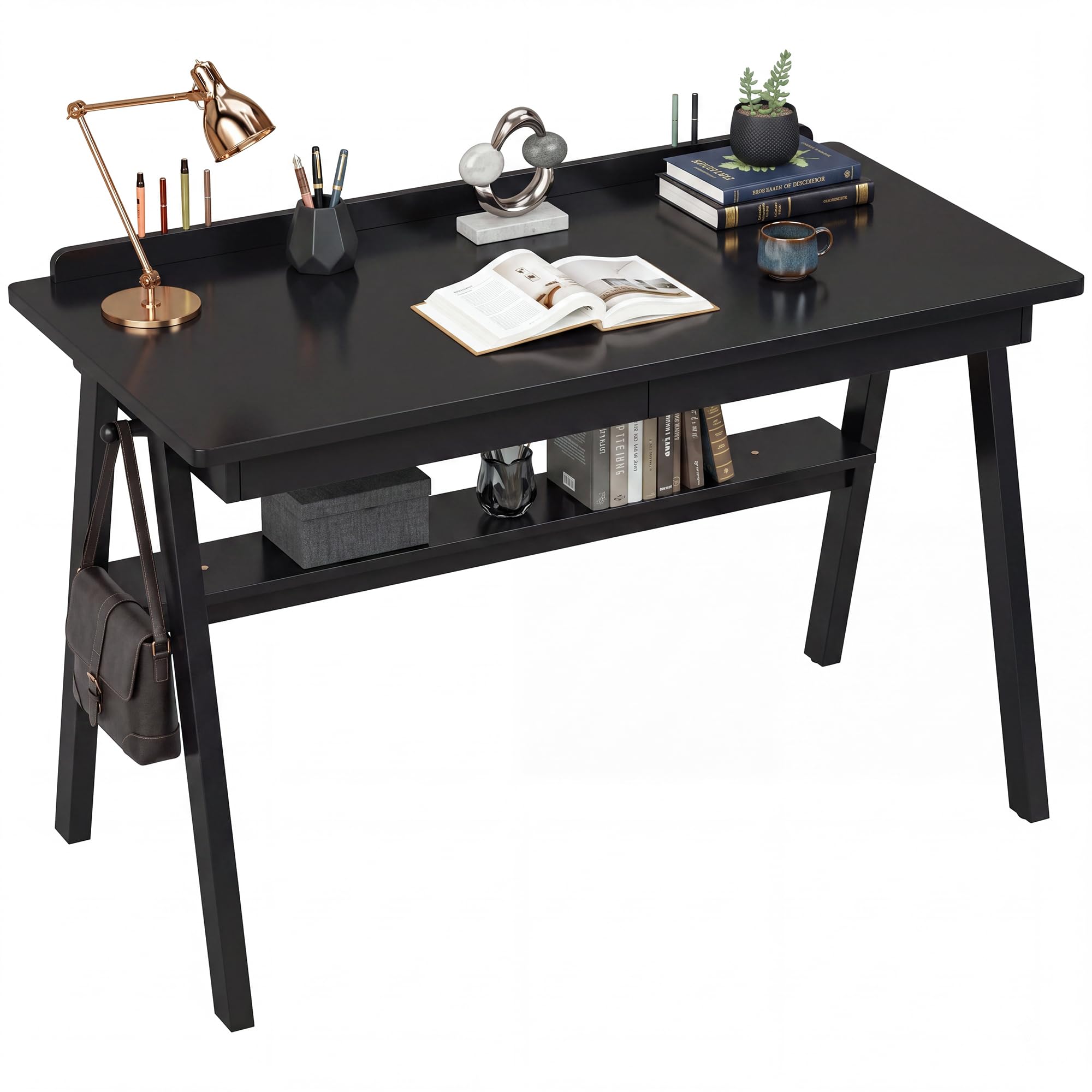 Photo 1 of ENPKLUTE 100% Solid Wood Desk with Drawers & Storage Shelf - 48 x 24 Inch Simple Modern Desks, Writing Desk with Deeper Desktop, Home Office Computer Desks for Bedroom & Home-Black