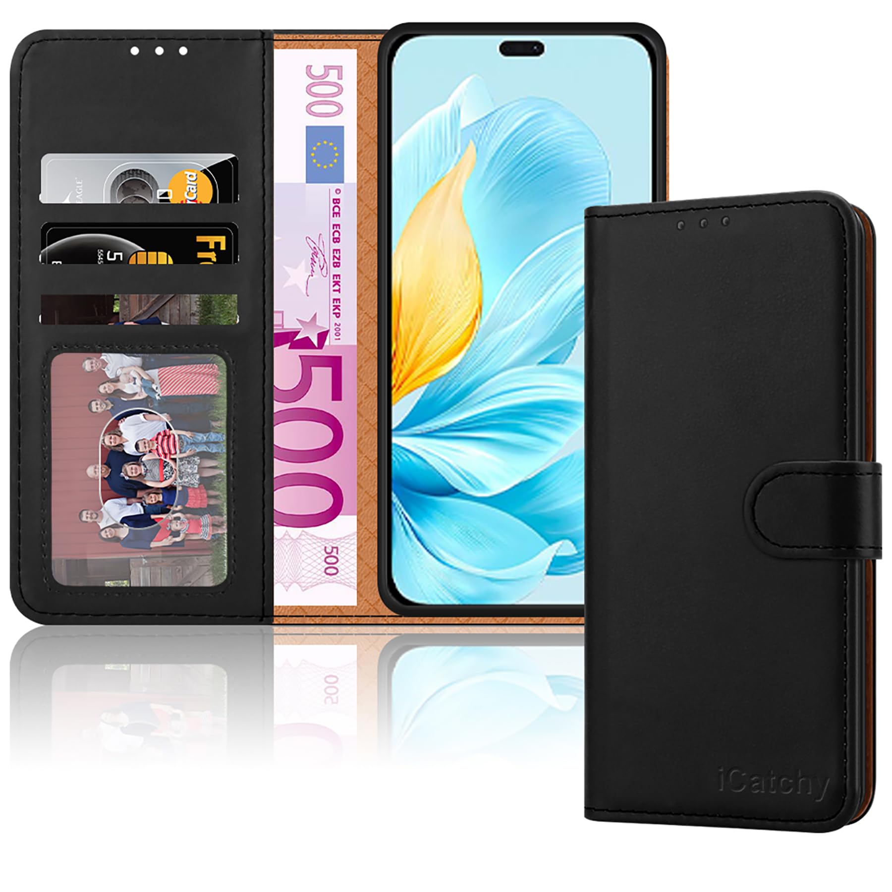 iCatchy for Honor 200 Lite Case Shockproof Leather Wallet Book Flip Card Slots Kickstand Magnetic Closure RFID Blocking Cover for Honor 200 Lite Phone Case (Black) - Image 4