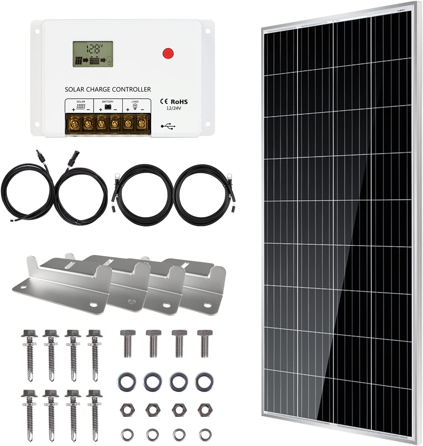 HQST 190W 12V High-Efficiency Monocrystalline Cell, RV Solar Panel Kit with 30Amp PWM Charge Controller, Adaptor Kit, Tray Cables, Mounting Z Brackets for RV, Cabins, Boats, Battery Charging