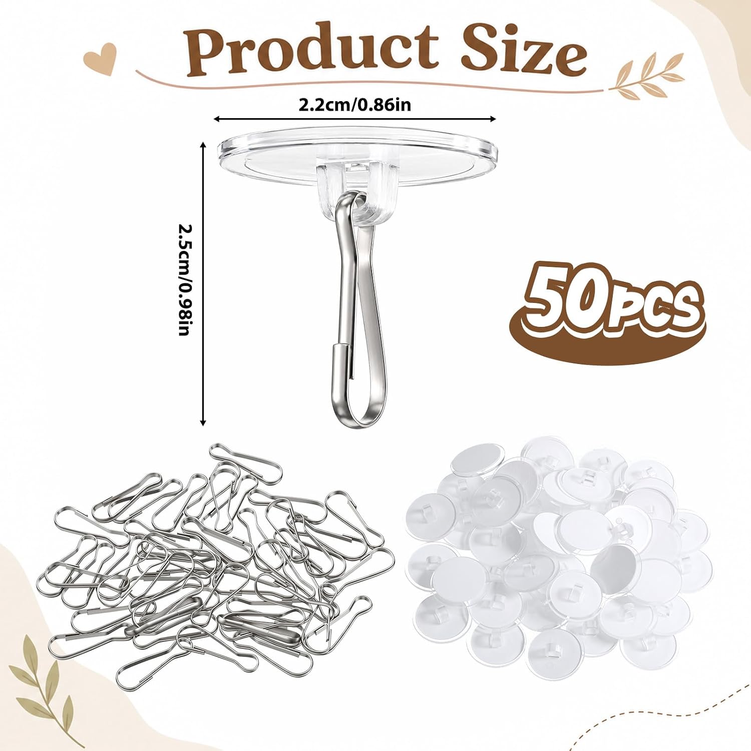 50 PCS Adhesive Ceiling Hooks, 0.86in Transparent Discs Hanging Hooks