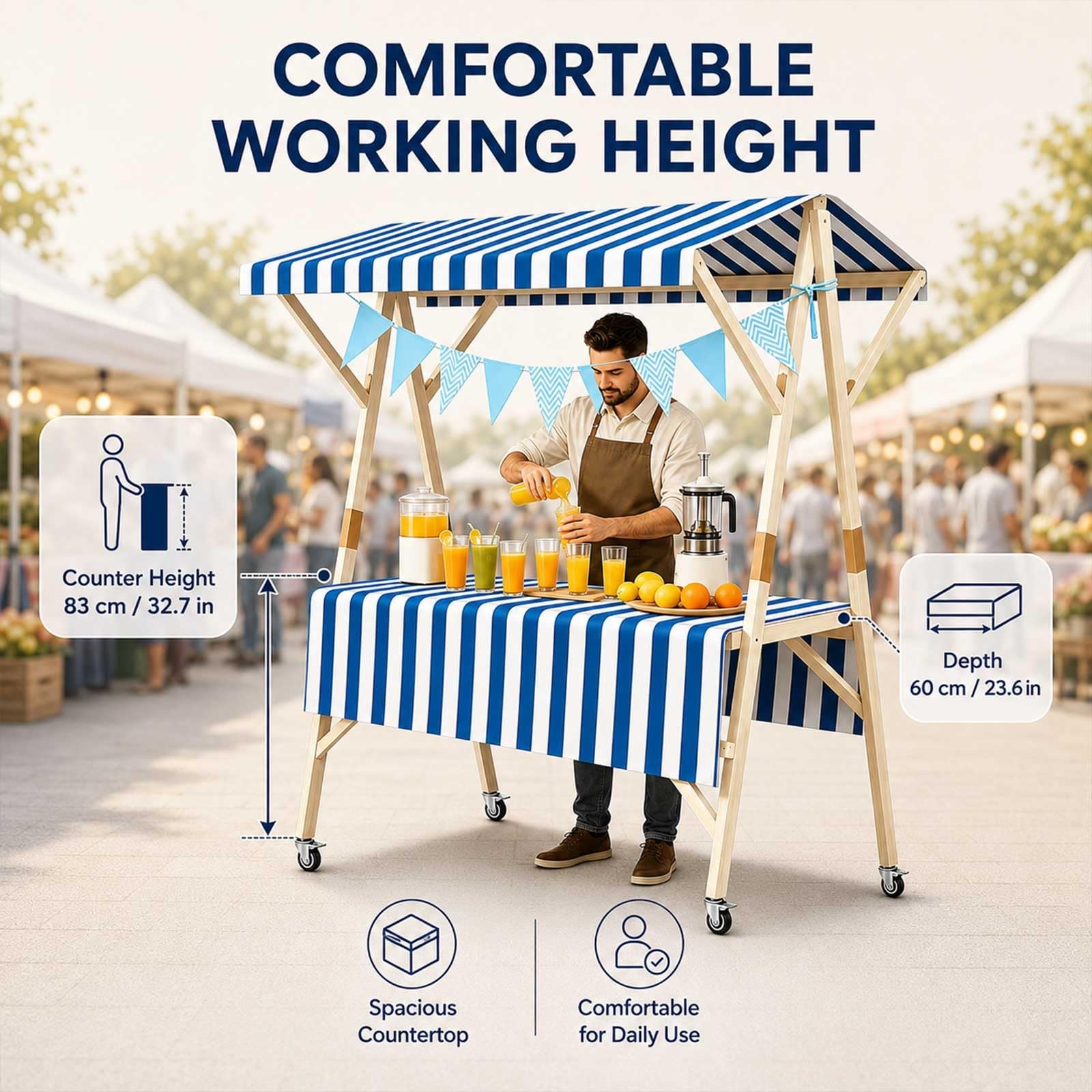 Imbissstand Auf Rädern, Kreative Marktwagen Aus Holz, Mobiler Verkaufswagen Mit Vordach, Marktstand Für Outdoor Street Food, Bauernmarkt, Messe, Handwerk, Snacks Und Süßwaren(Green,47.2in/120cm)