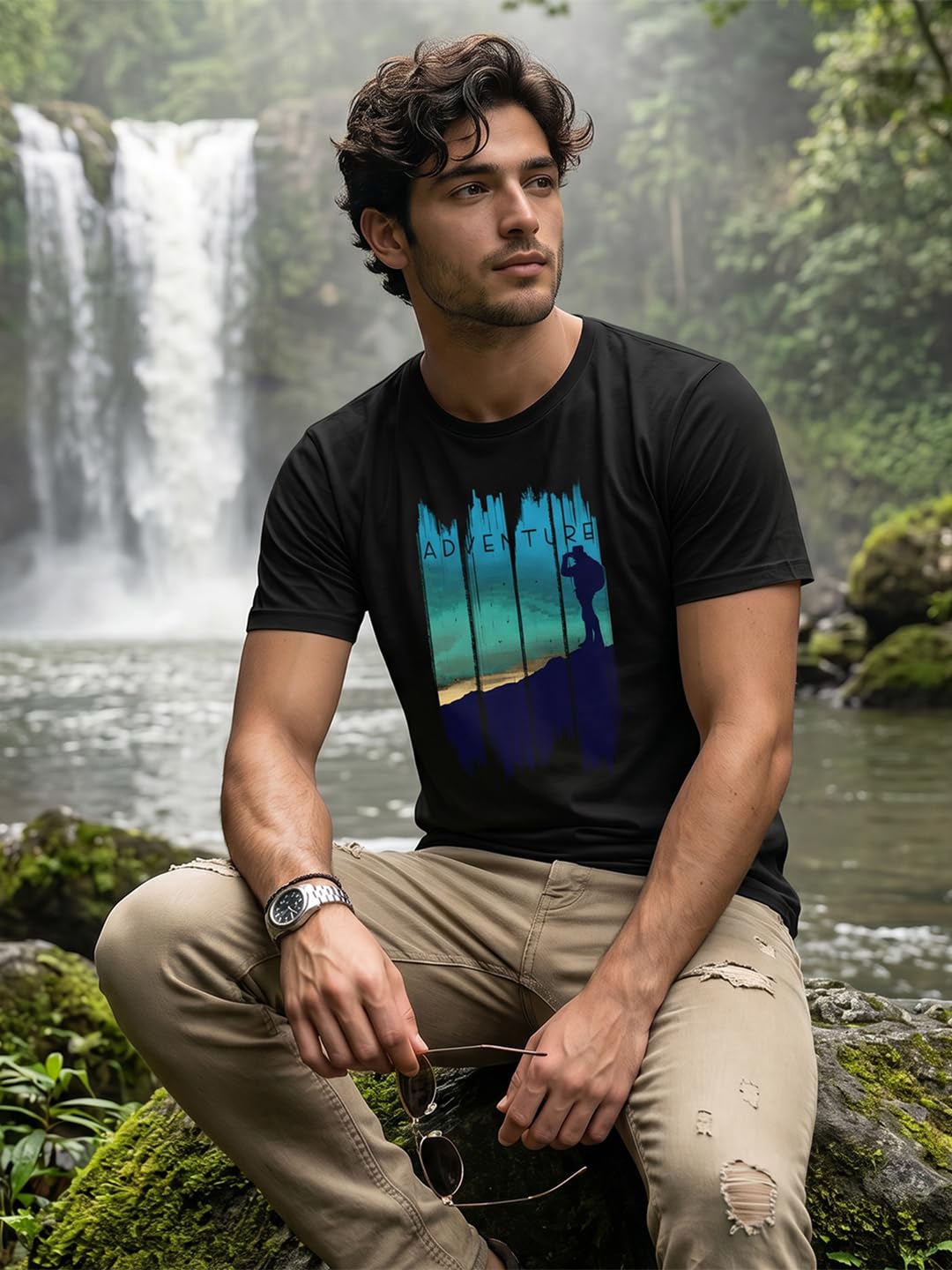 Bewakoof Camiseta estampada 100% algodón para hombre, ajuste regular, cuello redondo, media manga, negro, 48