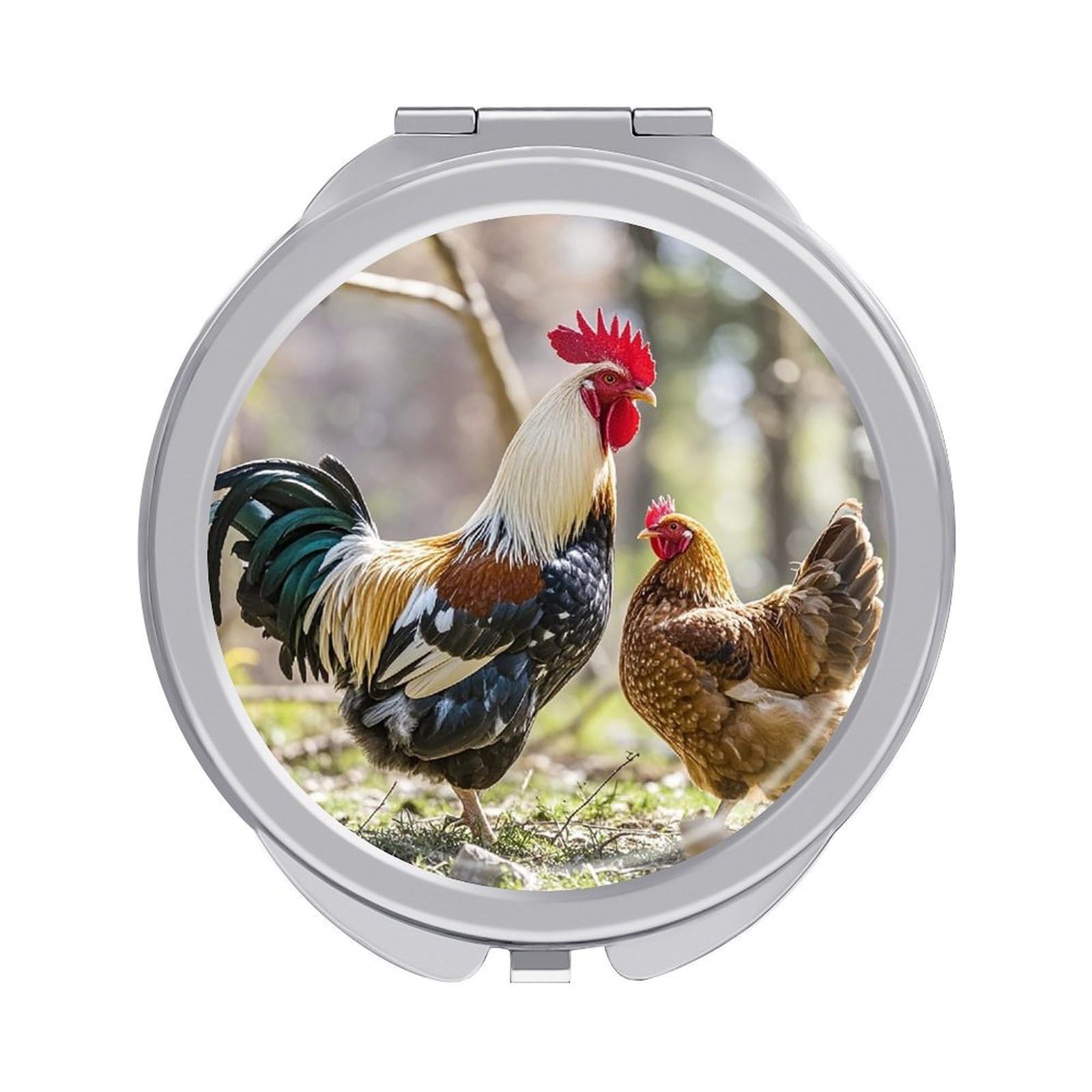 FekiLoot Rooster and Hen Travel Makeup Mirror for Women Folding Portable Hand Compact Mirrors Small Round Vanity Mirror 1X/2X Magnifying Metal Pocket Makeup Mirrors