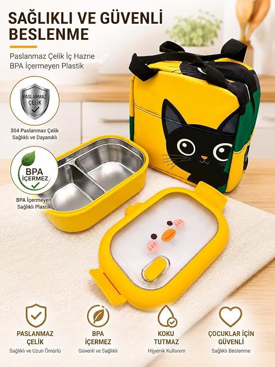 Valkyrie 304 Paslanmaz Çelik Çocuk Beslenme Kabı Kedili Termal Çantalı 2 Bölmeli Lunch Box Yemek Kabı