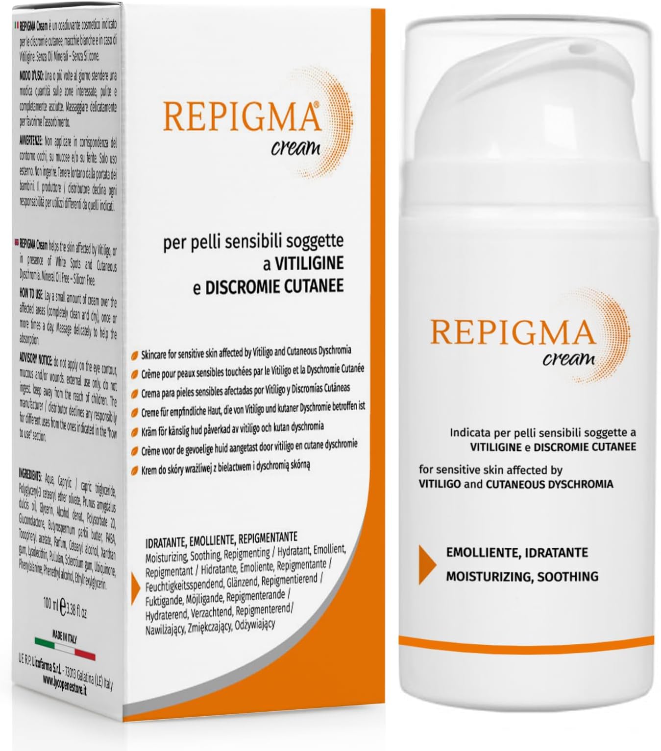 – Repigma Cream helps the skin affected by Vitiligo, or in presence o White Spots and Cutaneous Dyschromia. 95% Natural Ingredients.