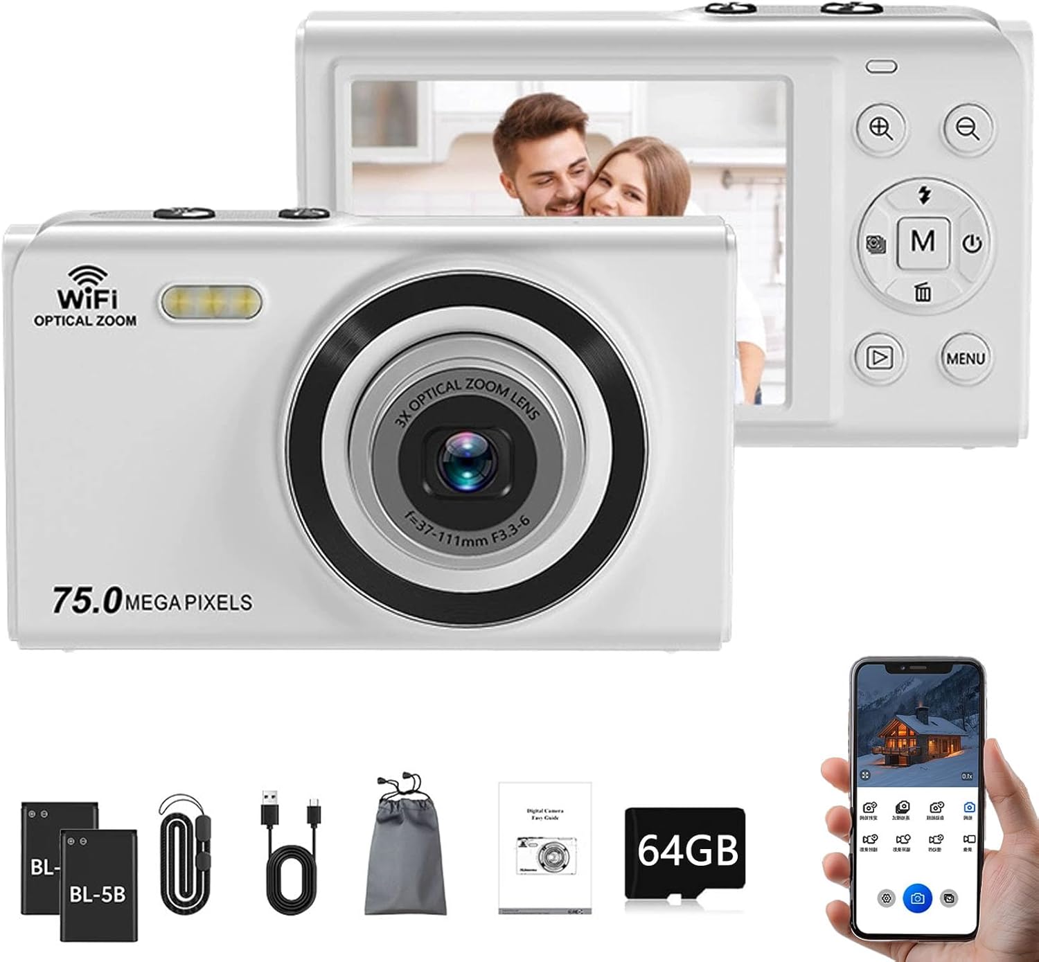 75MP Digital Camera, 64GB 4K Cameras for Photography with 3X Optical Zoom 2.8" LCD Screen Retractable Lens APP-Controlled WiFi Camera for Lifestyle Photography, Photography Enthusiasts (White,B)