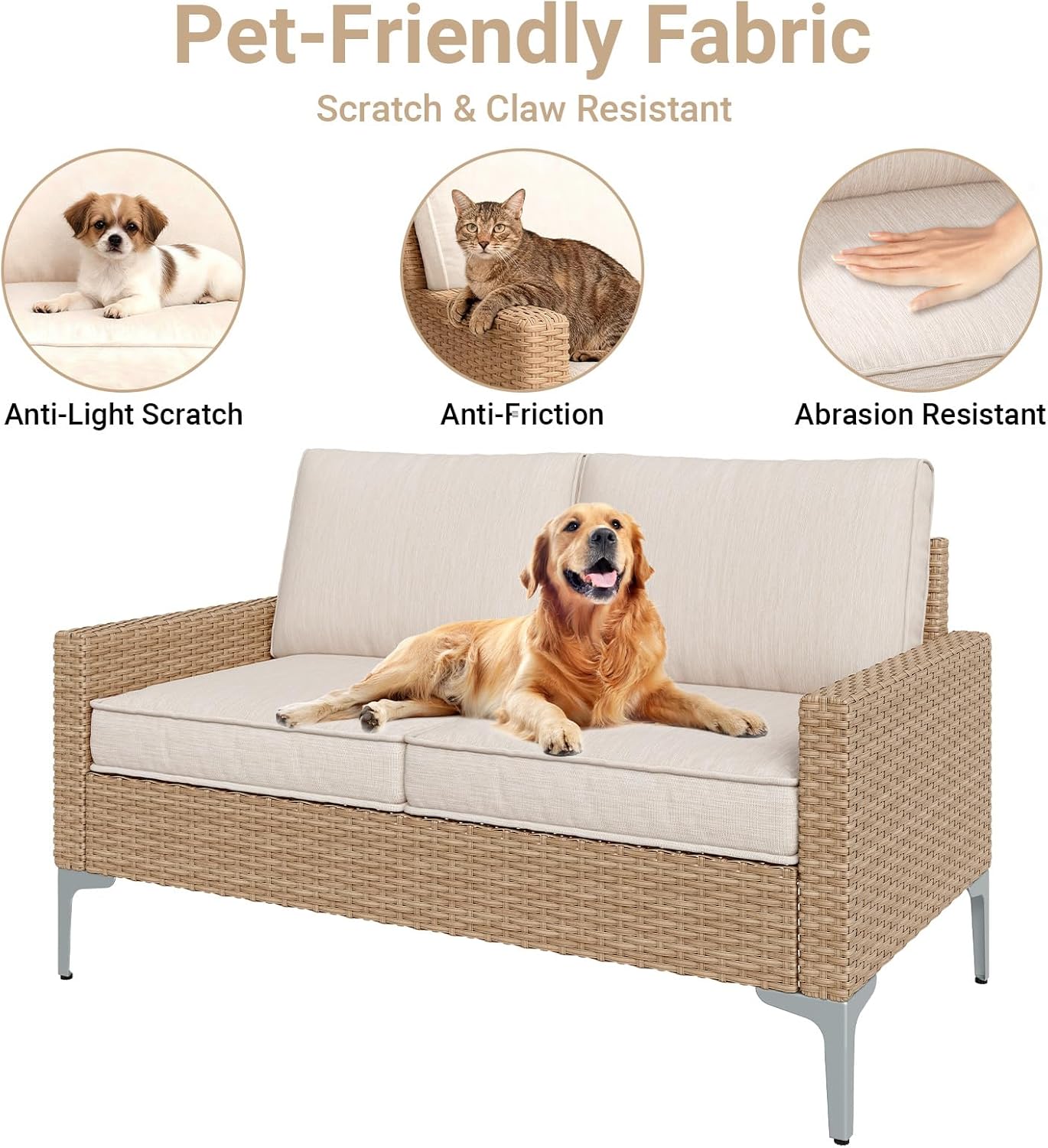 Jing's Villa 4-Piece Outdoor Sectional Sofa Set, All-Weather Wicker Patio Furniture with L/R armrest & Tempered Glass Table, Comfortable Garden Conversation Set for Backyard, Poolside, Deck,Beige