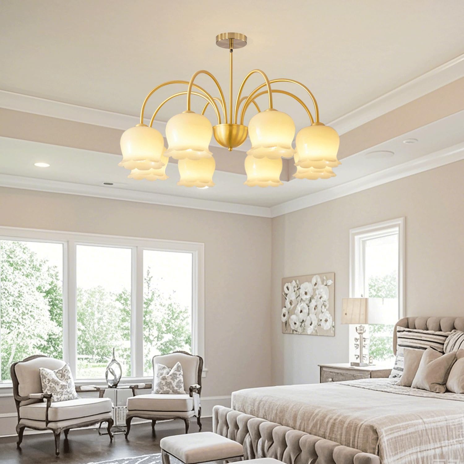 8-Lights Glass Sputnik Chandelier Modern Gold Pendant Light Yellow Vintage Hanging Lamp with Glass Shade Brass Hanging Dining Room Lighting Fixtures for Bedrooms Living Room MPL50-8