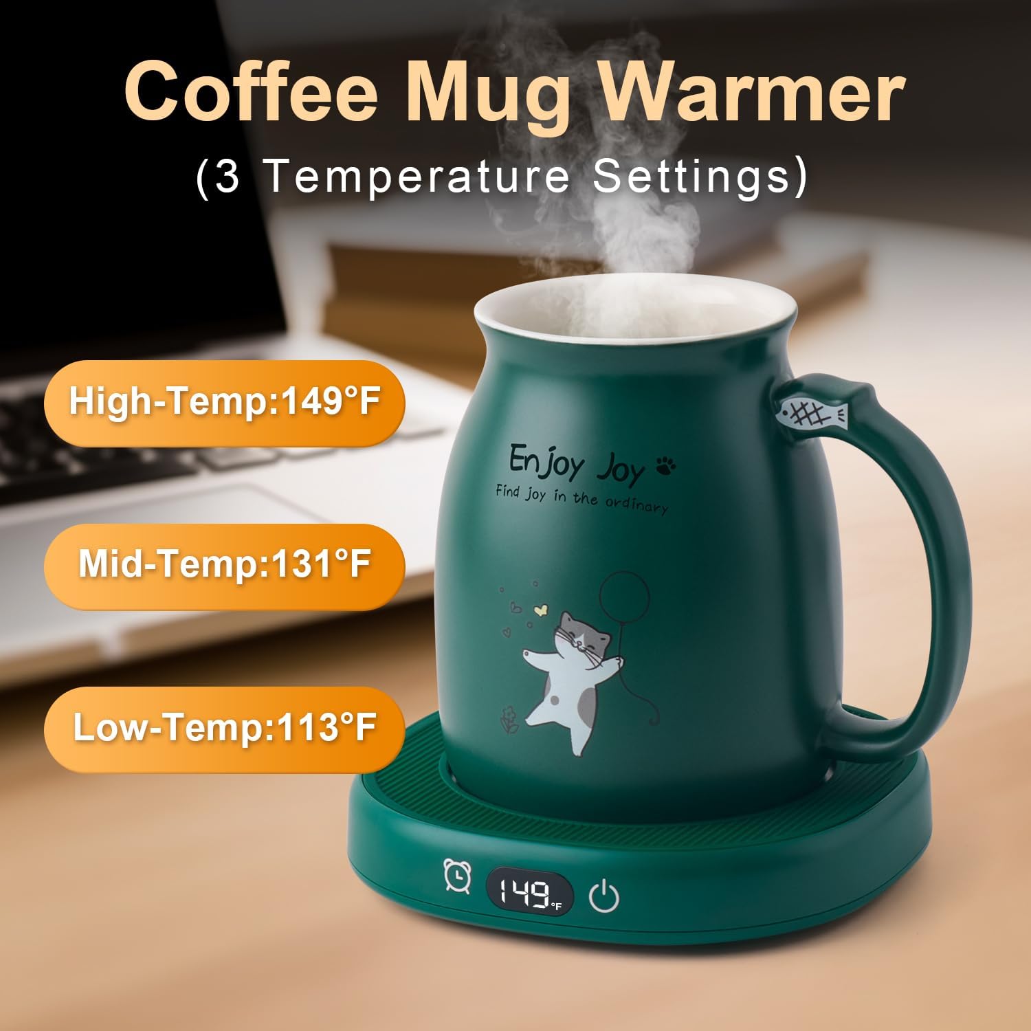 Bsigo Cute Cat Mug Set & Electric Smart Mug Warmer for Home & Office, Beverage Tea & Coffee Cup Warmer with 3-Temp Settings, 8H Auto Shut Off, Green - Image 2