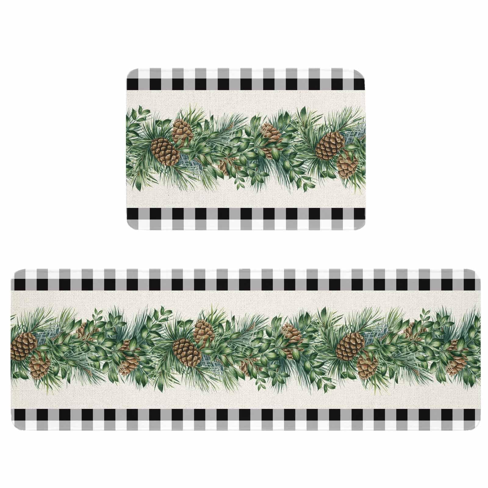 Kitchen Mat Rug Set of 2 Christmas Pine Cone Pine Branch Farmhouse Plaid Rustic Runner Rug Anti-Fatigue Comfort Memory Foam Standing Mat Non-Slip