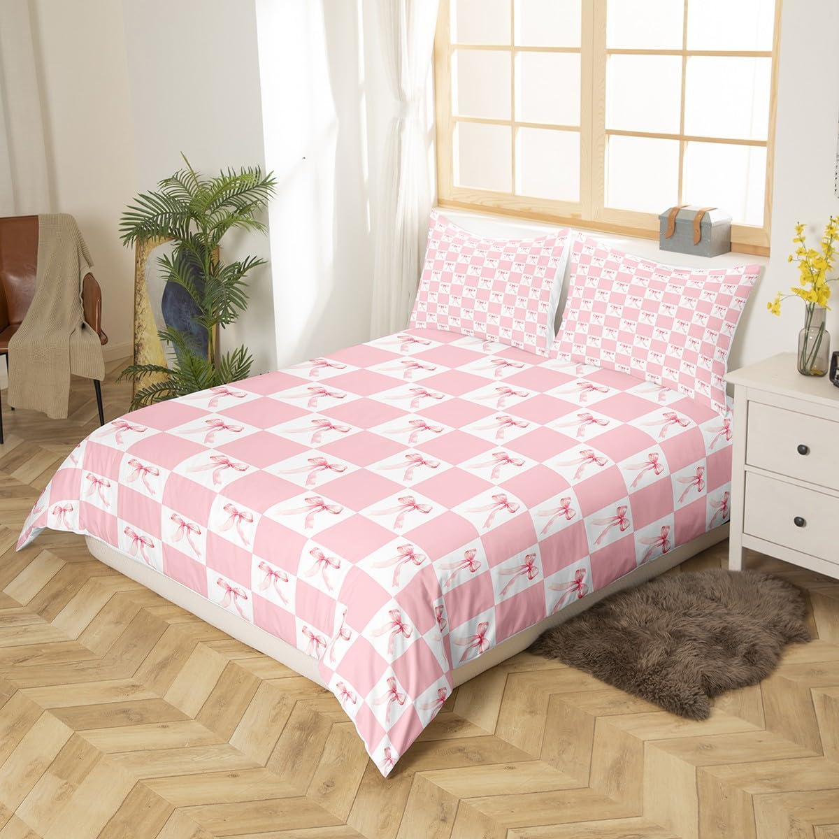 Manfei Pink Bowknot Kids Duvet Cover Set Toddler Size,Dreamy Bow Geometric Plaids Patchwork Bedding Set,Girls Boys Teens Room Decor,Princess Style Bow-tie Girly Quilt Cover,Pink White,No Comforter