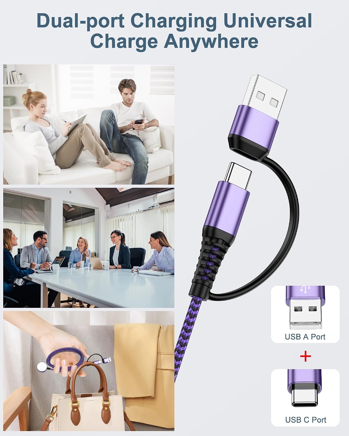 3.3FT for Galaxy Watch 7 Charger, Samsung Magnetic Wireless Charger [USB A/C Dual Port] Fast Charging Cable Compatible with Galaxy Watch 8/8 Classic/7/6/6 Classic/5/5 Pro/4/4 Classic/3/Active2/Ultra