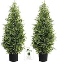 Aveyas 3ft Artificial Cedar Topiary Trees Outdoor - Set of 2 Faux Evergreen Potted Plants for Porch Patio Front Door Decor