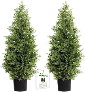 Aveyas 3ft Artificial Cedar Topiary Trees Outdoor - Set of 2 Faux Evergreen Potted Plants for Porch Patio Front Door Decor